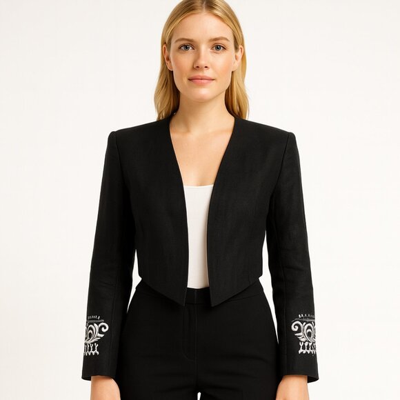 Karen Kane Black Linen Cropped Blazer Open Front Embroidered Long Sleeve  XS - Picture 1 of 16